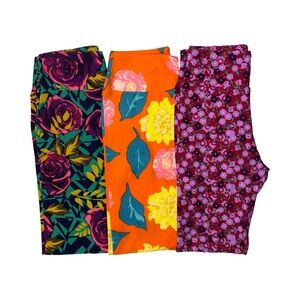 LuLaRoe Lot of 3 Leggings OS Bright Floral Purple Flowers Orange Pink Yellow